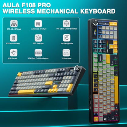 AULA F108 PRO - Wireless Mechanical Keyboard with Screen&Knob,Hot Swappable Gaming Keyboard with 8000mAh Battery,Pre-lubed Switches,RGB Backlit,PBT Keycaps Creamy Sounding Computer Keyboards,104 Keys - color: Gray&Yellow