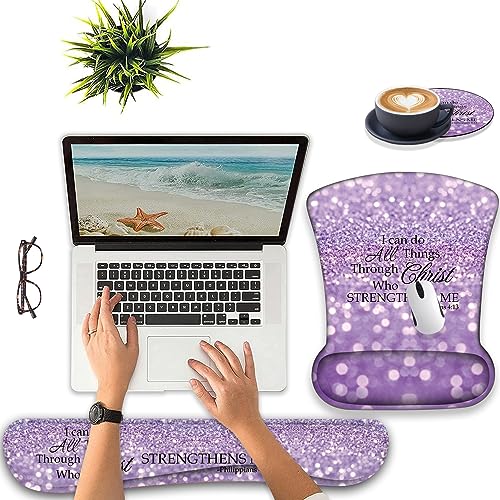 Keyboard Wrist Support + Wrist Mousepad + Coaster Combination, Non-Slip PU Base, with Gel Memory Mousepad, Suitable for Gaming, Office Pain Relief Mousepad Set - Purple Glitter Quote Philippians 4-13 - color: Purple Glitter Quote Philippians 4-13