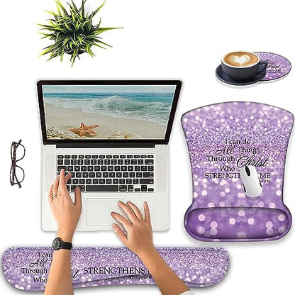 Keyboard Wrist Support + Wrist Mousepad + Coaster Combination, Non-Slip PU Base, with Gel Memory Mousepad, Suitable for Gaming, Office Pain Relief Mousepad Set - Purple Glitter Quote Philippians 4-13 - color: Purple Glitter Quote Philippians 4-13