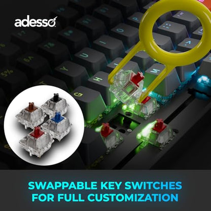 Adesso EasyTouch 1100 Illuminated Mechanical Keyboard | Wired, Wireless, Bluetooth, Multi-OS, VIA, Compact, Copilot Ai Hotkey