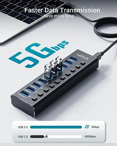 Powered USB Hub 3.0, Leinsis 10-Port USB 3.0 Hub [Durable Aluminum] 10 Data Transfer Ports+ 4 Smart Charging Ports with Individual On/Off Switches, USB Hub 3.0 Powered with Power Adapter for Laptop PC - size: 10-Port USB 3.0 Hub