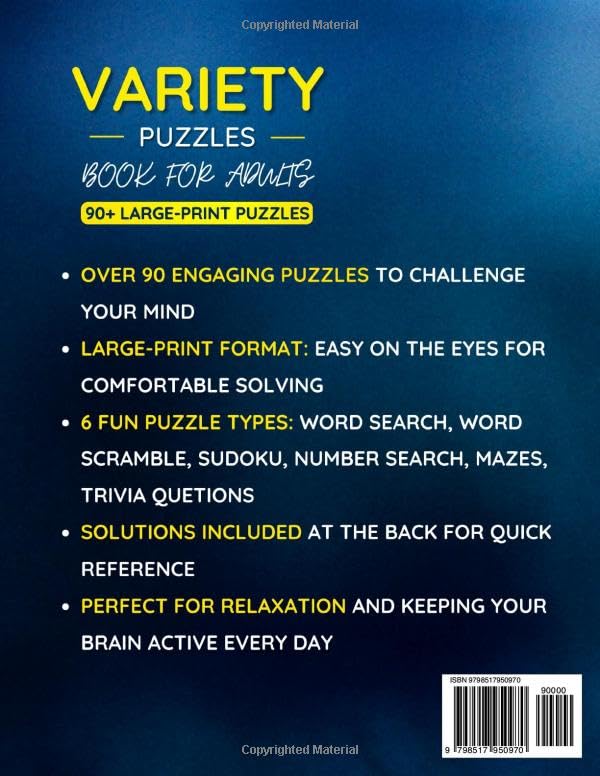 Variety Puzzle Book For Adults: 90+ Large-Print Puzzles Word Search, Sudoku, Word Scramble, Number Search, Trivia, Mazes