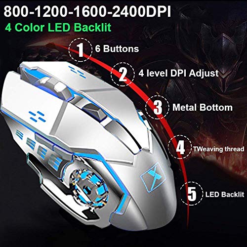 Wireless Keyboard and Mouse, Blue LED Backlit Rechargeable Keyboard with 3800mAh Battery, Metal Panel, Removable Hand Rest Mechanical Feel, 7 Color Gaming Mute Mouse for PC Gamers - color: White Blue
