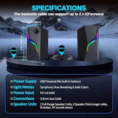 Computer Speakers for Desktop PC, USB Powered with AUX Connection, 6 RGB Lighting Modes, Volume Knob Control, Plug and Play Stereo Speakers for Monitor, Laptop, Gaming, Movies - style: CO-702