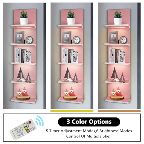 5 Tier Pink Wall Shelf Unit | Wall Shelves for Bathroom, Bedroom, Vanity, Wall Mount Vertical Lack Shelf, With LED - color: Pink