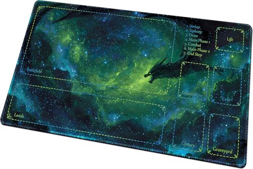 Stitched TCG Playmat, 24x14 Inches with Divided Card Areas, Non-Slip Tabletop Playmat Comes with Storage Bag, Ideal for Trading Card Game Enthusiasts (Dragon Shadow Planet-with Zone) - color: Dragon Shadow Planet-with Zone