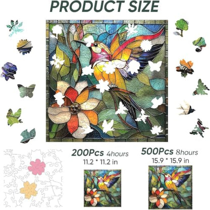Qiuenisray Wooden Puzzle 200 Piece, Stained Glass Hummingbird Jigsaw Puzzle | Wood Puzzle for Adults Mom Grandmother, FSC Certified Unique Animal Shape Wood Puzzles, Bird Jigsaw Puzzles 11.2x11.2 in - color: Flower Bird, size: 200pcs