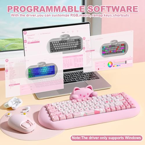 YUNZII C68 Silicone Cute Cat Mechanical Keyboard (Pink, Milk Switch) | Wireless Triple Mode BT5.0/2.4G/Wired, RGB Backlit NKRO, Cute Cat Silicone Ergonomic Design for Win/Mac - color: Pink, size: Milk Switch