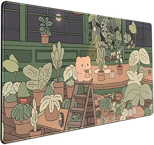 Cute Desk Mat Kawaii Bear Mousepad Cute Anime Plant Desk Protector, Kawai Aesthetic Brown and Green Forest Keyboard Mat, Large Mouse Pad XXL Gaming Desk Pad XL Office Home Decor for Women Girls - color: B-brown Kawaii Anime