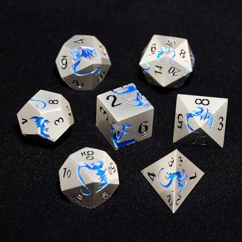 Matte Silver Blue Dragon Metal Dice Set,7 PCS Heavy Zinc Alloy DND Dice with Magnetic Gift Box for Tabletop RPG & Dungeons & Dragons Games (Matte Silver Blue Dragon) - color: Matte Silver With Blue01