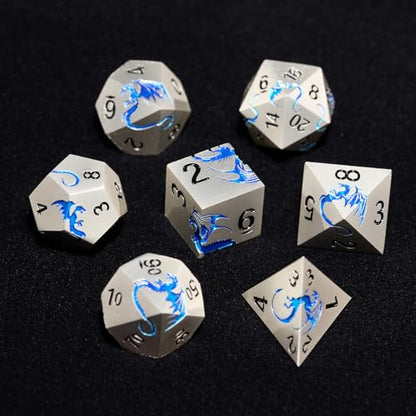 Metal Dragon DND Dice Set,7-Piece RPG Dice,Silver Blue | Zinc alloy polyhedral dragon dice set with easy-to-read numbers and a magnetic gift box for DND players and collectors. - color: Matte Silver With Blue