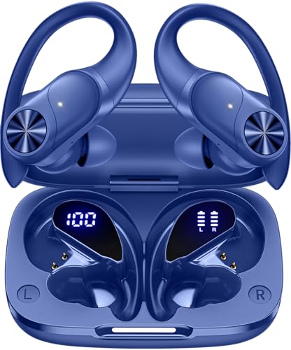 PocBuds Bluetooth Headphones Wireless Earbuds 80hrs Playtime Wireless Charging Case Digital Display Sports Ear Buds with Earhook Deep Bass IPX7 Waterproof Over-Ear Earphones for TV Phone Laptop Navy - color: Navy, style: Standard