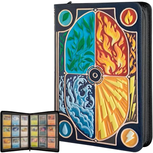 3D Card Binder for Pokemon - Stunning 3D Raised Elemental Design in PU Leather with Zipper - Includes 9 Pocket Pages for 360 Cards. Great Sleeve Album/TCG Holder/Trading Card Collection Book Gift. - color: Elemental