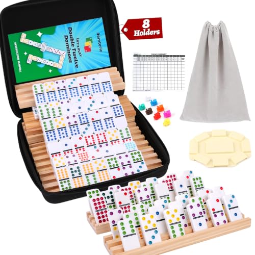 Mexican Train Dominoes Double 12, 91 Dot Tiles, 8 Racks & Hub | Colorful Dot Tiles, Wooden Racks, Center Hub, Portable Case, Great for Family Game Nights & Party Games - style: Double 12 Dot + 8 Racks