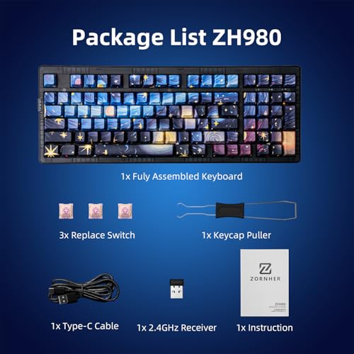 ZORNHER ZH980 Mechanical Keyboard,95% Blue Creamy Keyboard with Number Pad,Van Gogh's Starry Night Dye Sublimation PBT Keycaps,Creamy Sounding Linear Switches,Hot-Swappable,RGB Backlit - color: Van Gogh's Starry Night, size: Creamy Switch