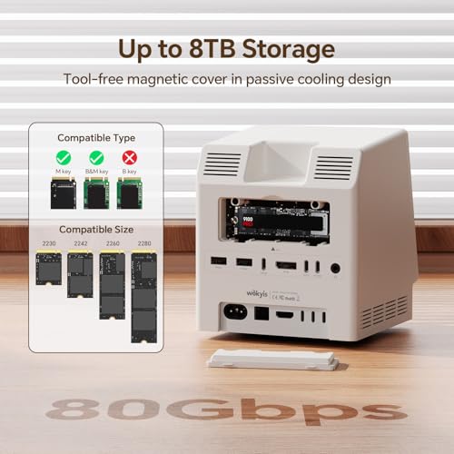 M5 Retro Dock Station for Mac mini M4 Pro, 80Gbps M.2 NVMe SSD Enclosure with Cooling Fan, Compatible for Thunderbolt 5/4/3/USB 4, 5'inch HD Display, SD/Micro SD Reader 4.0, 8K@60Hz Displayport - style: 80Gbps
