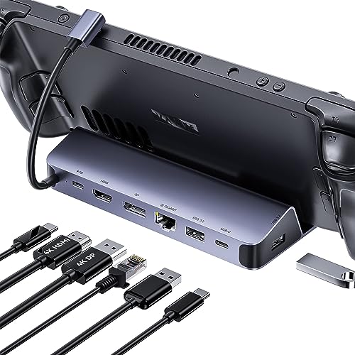 Steam Deck Dock Dual Monitor, 7 in 1 QUUGE Steam Deck Docking Staion wtih HDMI 2.0 & DisplayPort 1.4 4K60Hz, 2*USB-A & USB-C 5Gbps, 1000Mb Gigabit, 100W Charging, Steam Deck Accessories… | DisplayPort 1.4, Gigabit Ethernet, 100W PD input, 5Gbps USB ports,