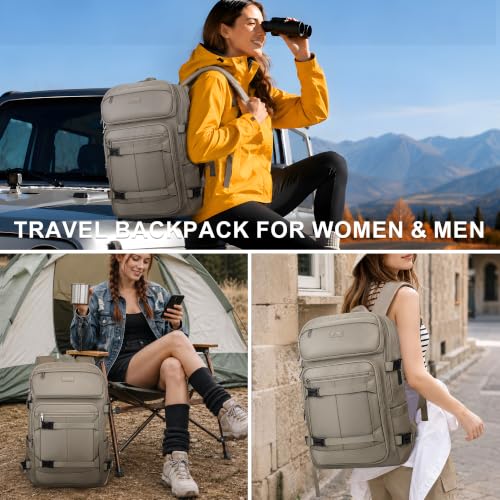 PIJUSHI Casual Travel Backpack for Women with 16" Padded Laptop Compartment | Carry On Luggage with USB Charging Port, 1680D Water-Resistant Nylon, Airline Approved, For Daily, Hiking - color: Updated Khaki