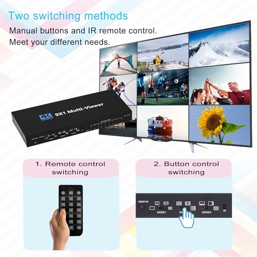 HDMI MultiViewer Switch 9x1, Seamless HDMI Quad MultiViewer Switcher 9 in 1 Out with IR Remote Control, Support 1080P@60Hz and 10 Viewing Modes - size: 9x1 HDMI Multiviewer Switch