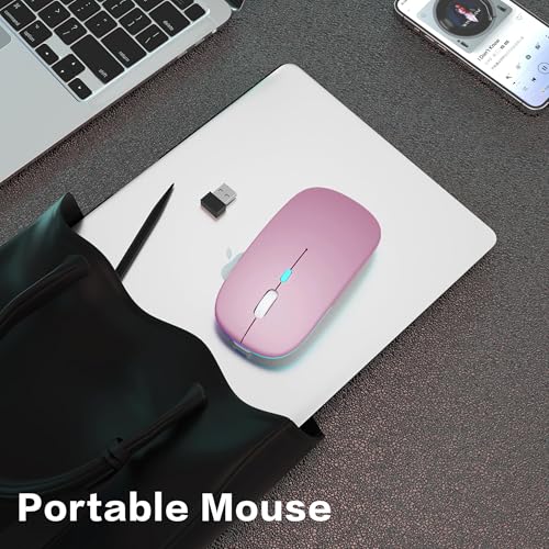 AIKOKOK Wireless Bluetooth Mouse, Rechargeable, Dual Mode Bluetooth 5.2 & 2.4G USB, LED Lights, Slim, Silent, Portable Computer Mouse for Laptop, PC, MacBook, iPad, Tablet (Rose Gold) | BT 5.2 & 2.4G USB Receiver, 3 Adjustable DPI,LED Lights,Slim,Silent,P