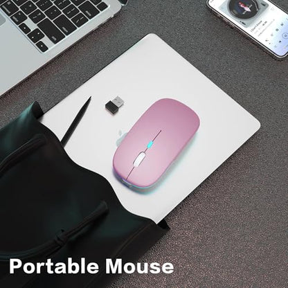 AIKOKOK Wireless Bluetooth Mouse, Rechargeable, Dual Mode Bluetooth 5.2 & 2.4G USB, LED Lights, Slim, Silent, Portable Computer Mouse for Laptop, PC, MacBook, iPad, Tablet (Rose Gold) | BT 5.2 & 2.4G USB Receiver, 3 Adjustable DPI,LED Lights,Slim,Silent,P