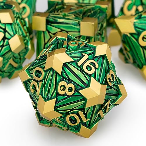 Metal DND Dice Set with Box, Debris RPG Green Golden D and D Dice for use with D&D Tabletop Games Role Playing Game Polyhedral Dice Set D20 D12 D10 D8 D6 D4 - color: Green Gold