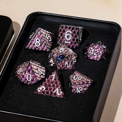 Metal Dice Set D&D,7 PCS Dragon Scale Metallic DND Dice Set,Dragon Eye Metal Dice with Grogeous Gift Case for Dungeons and Dragon Tabletop Game (Glitter Purple Dragon Scale & Blue Eye) - color: Glitter Purple Dragon Scale & Blue Eye