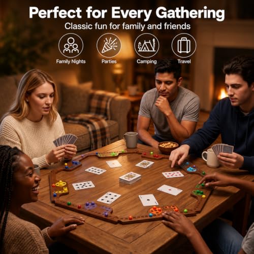 Jokers and Marbles Board Game Set – Wooden Marble Game with 40 Marbles, 4 Decks of Cards, Instructions, 2–8 Player Family Tabletop Game, Portable Travel Party Board Game with Carry Bag - color: Espresso Stained