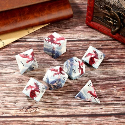 DND Dice Set, Dragon Theme Dice Set, UV Printed, Resin Material, DND Starter Set, 7pcs Polyhedral Dice Set with Dice Bag, Role Playing Board Games Accessories - color: Dragon Style Gift Bag