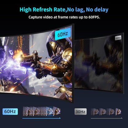 Aluminum HDMI Capture Card, USB 3.0 1080P 60FPS Audio Video Capture Card for Streaming/Gaming/Video Conference, 4K@30Hz Input & Pass-Through Capture Card for Nintendo Switch/PS5/Xbox/Camera/PC - size: 4K30Hz