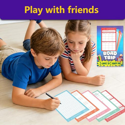 Road Trip Game Pad, 5 in 1 Travel Games Set for Kids | Tic-Tac-Toe, Hangman, Dots and Boxes, Categories, Connect 5, 80 Sheets Activity Pad
