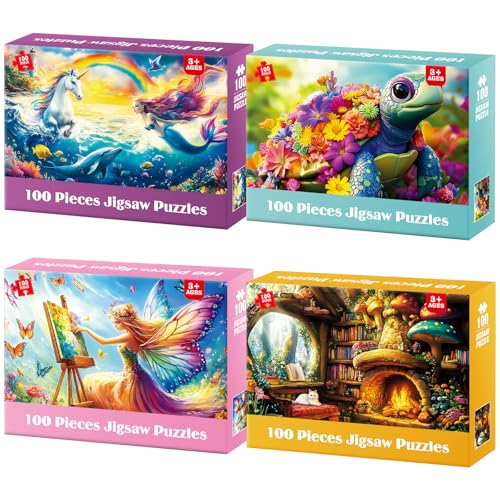 4 Packs 100 Piece Puzzles for Kids Ages 6-8 8-10, Fantasy Mermaid Unicorn Puzzle for Girls 4-6 Years Old Educational 100 Piece Large Jigsaw Puzzles, Kids Puzzles 4-6 Toys Gifts for Girls Boys - color: Mermaid Unicorn Mushroom Cottage