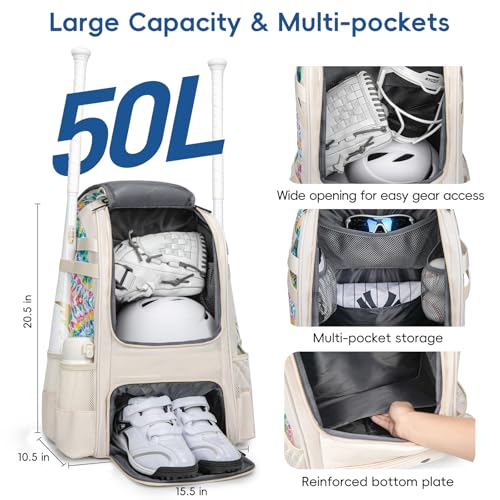 KAVIGOR Baseball Bag for Youth | Softball Backpack 50L Large Capacity with Shoe Compartment and 4 Bat Holders | Nova Flare Series - color: Beige