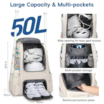 KAVIGOR Baseball Bag for Youth | Softball Backpack 50L Large Capacity with Shoe Compartment and 4 Bat Holders | Nova Flare Series - color: Beige