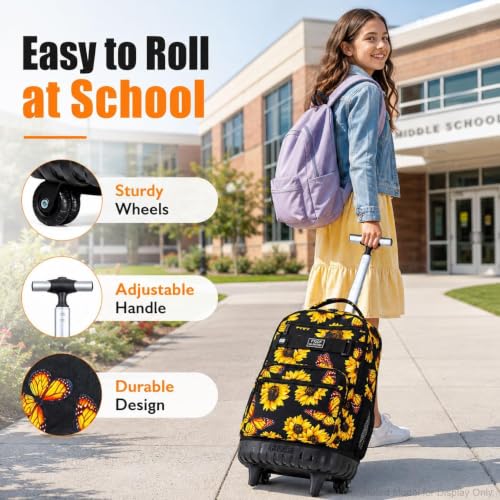 3Pcs Rolling Backpack for Girls Women, Travel Roller Backpacks with Wheels for Adults, Teens College Sunflower Wheeled Bookbag with Lunch Box(Yellow) - color: Sun Flower