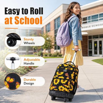 3Pcs Rolling Backpack for Girls Women, Travel Roller Backpacks with Wheels for Adults, Teens College Sunflower Wheeled Bookbag with Lunch Box(Yellow) - color: Sun Flower