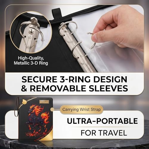 Trading Card Binder 4 Pocket,50 Removable Sleeves Can Hold 400 Cards,Pu Material and Waterproof,3-Ring Zip Design for MTG/TCG/Sport Collectible Trading Card Albums (Flame Dragon Phoenix)