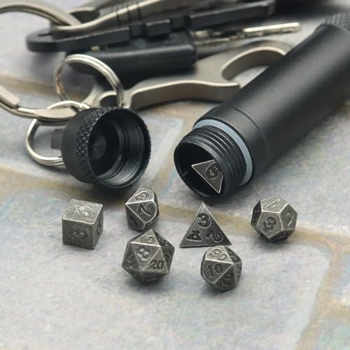 PJOY Mini Dice Set Portable Tiny Keychain DND Dice with D&D Dice Case 7PCS Antique Copper Small Metal Dice Set for Role Playing Dice Games Compatible with Dungeons and Dragons Gifts - color: Iron