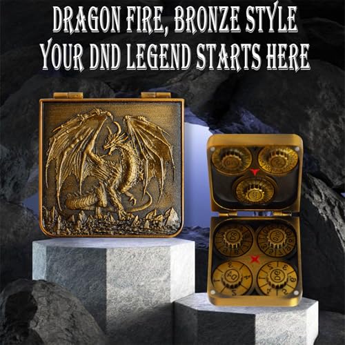Metal DND Dice Set 7-in-1 D4-D20 3D Dragon Case Leather Bag Golden | 7 in 1 metal polyhedral dice. D4-D20 dnd spinner. 3D dragon case. Leather storage bag. Zinc alloy. DND RPG TTRPG gift. - color: Retro Golden