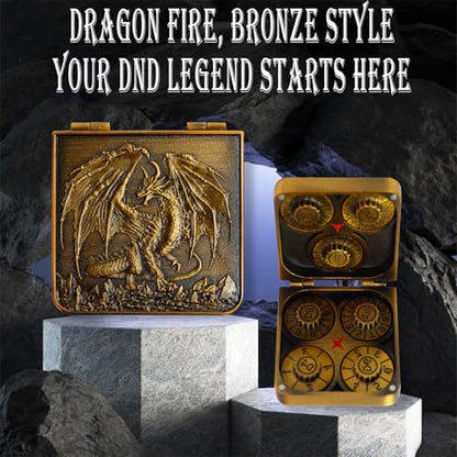 Metal DND Dice Set 7-in-1 D4-D20 3D Dragon Case Leather Bag Golden | 7 in 1 metal polyhedral dice. D4-D20 dnd spinner. 3D dragon case. Leather storage bag. Zinc alloy. DND RPG TTRPG gift. - color: Retro Golden