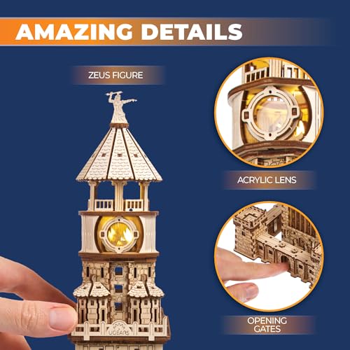 UGEARS Lighthouse of Alexandria 3D Wooden Puzzle for Adults – Wooden Model Kit with LED Night Light, DIY Building Hobby Set, Ancient World Landmark, Home Decor, Brain Teaser, Creative - style: Lighthouse of Alexandria