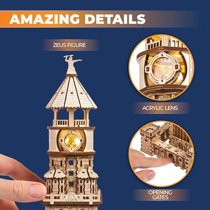 UGEARS Lighthouse of Alexandria 3D Wooden Puzzle for Adults – Wooden Model Kit with LED Night Light, DIY Building Hobby Set, Ancient World Landmark, Home Decor, Brain Teaser, Creative - style: Lighthouse of Alexandria