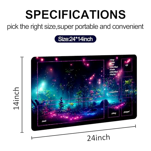 MTG Playmat with Storage Tube & 7-Dice Set - Waterproof TCG Playmat with Stitched Edges, Non-Slip Rubber Card Game Mat (24"x14") (playmat with Zones, Purple fluorescence2) - color: Purple Fluorescence2, style: playmat with zones