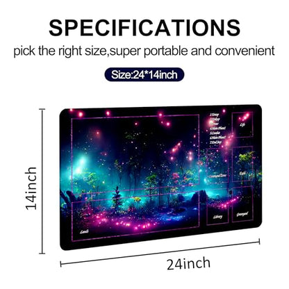 MTG Playmat with Storage Tube & 7-Dice Set - Waterproof TCG Playmat with Stitched Edges, Non-Slip Rubber Card Game Mat (24"x14") (playmat with Zones, Purple fluorescence2) - color: Purple Fluorescence2, style: playmat with zones