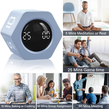 Rotating Pomodoro Timer 5, 25, 10 30,60 Mins Preset Stopwatch, Desk Flip ProductivityTimer, ADHD Tool Hexagon, Vibration/Mute/Alarm, for Work, Study, Back to School, Kitchen, Blue - color: Blue