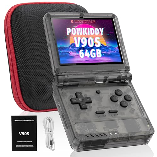 Powkiddy V90S Retro Handheld, 10,000+ Games, 3.5" IPS, Dual TF & Foldable | Open-source Linux, 4-core CPU & 6h battery. Mil-grade hinge (20k flips). Dual TF slots support 512GB for endless retro games - style: Transparent Black
