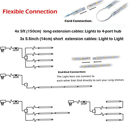 LED Display Light Bar Kit - (4) 16inches Plug-in Linkable Strip Lights for Large Display Cabinet - Series + Parallel Connection - White 6000K | 6000K White Ultra Thin Light Bar for Curio Cabinet, Bookshelf, Store Display Case. End-to-End Linkable, Low Hea