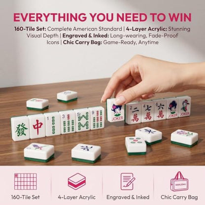 4 Layer Mahjong Tiles, 2026 Premium 160 Pcs Acrylic American Mahjong Tiles Set with Dice, Engraved Four Layer Mahjong Tile with Exquisite Carrying Bag, Home Trips Social Game (Lotus & Pavilion) - color: Lotus & Pavilion