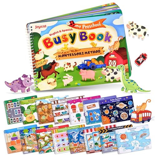 JoyCat Preschool Busy Book for Toddlers Ages 3-5, English and Spanish | 15 reusable themes with letters, numbers, colors and matching as autism learning material for home, class or travel