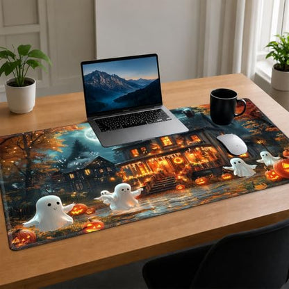 for MTG Playmat, Custom Trading Card Game Mat 27.6 x 15.7 in | Ghostly Pumpkin House Premium Non-Slip Rubber Base, Water-Resistant & Stitched Edges, Personalized High-Definition Art - color: Ghostly Pumpkin House, size: 28" x 16" Regular